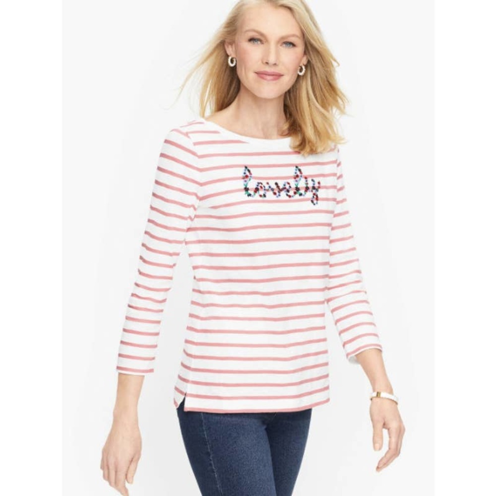 Talbots Women's Floral Embroidered Tee Size XL Pink White Stripe Lovely Cotton